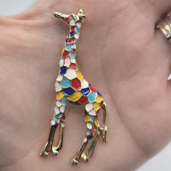 Vintage Gold Giraffe Pin with Multicolored Painted Spots 2 Inches Tall - Picture 2 of 4